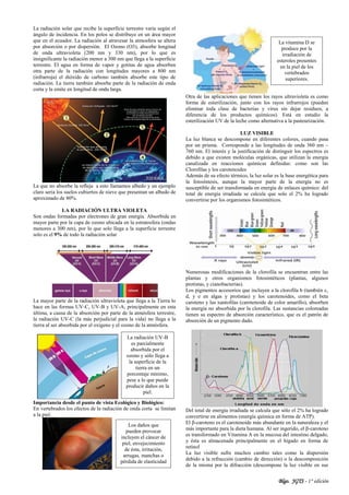 Blgo. JGTS - 1° edición
La radiación solar que recibe la superficie terrestre varía según el
ángulo de incidencia. En los polos se distribuye en un área mayor
que en el ecuador. La radiación al atravesar la atmosfera se altera
por absorción o por dispersión. El Ozono (O3), absorbe longitud
de onda ultravioleta (200 nm y 330 nm), por lo que es
insignificante la radiación menor a 300 nm que llega a la superficie
terrestre. El agua en forma de vapor y gotitas de agua absorben
otra parte de la radiación con longitudes mayores a 800 nm
(infrarroja) el dióxido de carbono también absorbe este tipo de
radiación. La tierra también absorbe parte de la radiación de onda
corta y la emite en longitud de onda larga.
La que no absorbe la refleja a esto llamamos albedo y un ejemplo
claro seria los suelos cubiertos de nieve que presentan un albedo de
aproximado de 80%.
LA RADIACIÓN ULTRA VIOLETA
Son ondas formadas por electrones de gran energía. Absorbida en
mayor parte por la capa de ozono ubicada en la estratosfera (ondas
menores a 300 nm), por lo que solo llega a la superficie terrestre
solo es el 9% de todo la radiación solar
La mayor parte de la radiación ultravioleta que llega a la Tierra lo
hace en las formas UV-C, UV-B y UV-A; principalmente en esta
última, a causa de la absorción por parte de la atmósfera terrestre,
la radiación UV-C (la más perjudicial para la vida) no llega a la
tierra al ser absorbida por el oxígeno y el ozono de la atmósfera.
Importancia desde el punto de vista Ecológico y Biológico:
En vertebrados los efectos de la radiación de onda corta se limitan
a la piel.
Otra de las aplicaciones que tienen los rayos ultravioleta es como
forma de esterilización, junto con los rayos infrarrojos (pueden
eliminar toda clase de bacterias y virus sin dejar residuos, a
diferencia de los productos químicos). Está en estudio la
esterilización UV de la leche como alternativa a la pasteurización.
LUZ VISIBLE
La luz blanca se descompone en diferentes colores, cuando pasa
por un prisma. Corresponde a las longitudes de onda 360 nm –
760 nm. El interés y la justificación de distinguir los espectros es
debido a que existen moléculas orgánicas, que utilizan la energía
canalizada en reacciones químicas definidas: como son las
Clorofilas y los carotenoides
Además de su efecto térmico, la luz solar es la base energética para
la fotosíntesis, aunque la mayor parte de la energía no es
susceptible de ser transformada en energía de enlaces químico: del
total de energía irradiada se calcula que solo el 2% ha logrado
convertirse por los organismos fotosintéticos.
Numerosas modificaciones de la clorofila se encuentran entre las
plantas y otros organismos fotosintéticos (plantas, algunos
protistas, y cianobacterias).
Los pigmentos accesorios que incluyen a la clorofila b (también c,
d, y e en algas y protistas) y los carotenoides, como el beta
caroteno y las xantofilas (carotenoide de color amarillo), absorben
la energía no absorbida por la clorofila. Las sustancias coloreadas
tienen su espectro de absorción característico, que es el patrón de
absorción de un pigmento dado.
Del total de energía irradiada se calcula que sólo el 2% ha logrado
convertirse en alimentos (energía química en forma de ATP).
El β-caroteno es el carotenoide más abundante en la naturaleza y el
más importante para la dieta humana. Al ser ingerido, el β-caroteno
es transformado en Vitamina A en la mucosa del intestino delgado,
y ésta es almacenada principalmente en el hígado en forma de
retinol
La luz visible sufre muchos cambio tales como la dispersión
debido a la refracción (cambio de dirección) o la descomposición
de la misma por la difracción (descompone la luz visible en sus
La radiación UV-B
es parcialmente
absorbida por el
ozono y sólo llega a
la superficie de la
tierra en un
porcentaje mínimo,
pese a lo que puede
producir daños en la
piel.
Los daños que
pueden provocar
incluyen el cáncer de
piel, envejecimiento
de ésta, irritación,
arrugas, manchas o
pérdida de elasticidad
La vitamina D se
produce por la
irradiación de
esteroles presentes
en la piel de los
vertebrados
superiores.
 