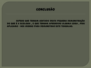 Conclusão


       Espero que tenham gostado desta pequena demonstração
do que é a ecologia , e que tenham aprendido alguma coisa , pois
aplicamo - nos imenso para demonstrar este trabalho.
 