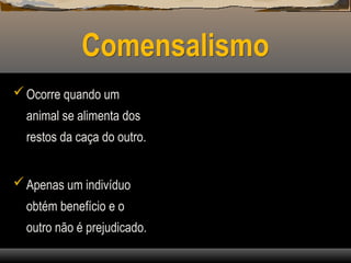Comensalismo
Ocorre quando um
animal se alimenta dos
restos da caça do outro.
Apenas um indivíduo
obtém benefício e o
outro não é prejudicado.
 