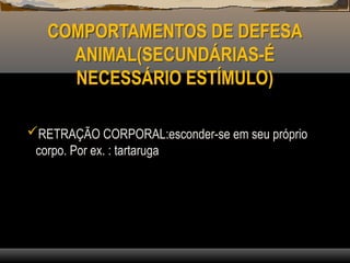 COMPORTAMENTOS DE DEFESA
ANIMAL(SECUNDÁRIAS-É
NECESSÁRIO ESTÍMULO)
RETRAÇÃO CORPORAL:esconder-se em seu próprio
corpo. Por ex. : tartaruga
 