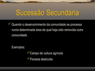 Sucessão Secundária
 Quando o desenvolvimento da comunidade se processa
numa determinada área da qual haja sido removida outra
comunidade
Exemplos:
Campo de cultura agrícola
Floresta destruída
 
