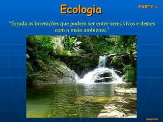 Ecologia “ Estuda as interações que podem ser entre seres vivos e destes com o meio ambiente.” PARTE 1 Adaptado 