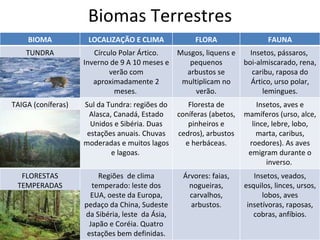 Biomas Terrestres BIOMA LOCALIZAÇÃO E CLIMA FLORA FAUNA TUNDRA Círculo Polar Ártico. Inverno de 9 A 10 meses e verão com aproximadamente 2 meses.  Musgos, liquens e pequenos arbustos se multiplicam no verão. Insetos, pássaros,  boi-almiscarado, rena, caribu, raposa do Ártico, urso polar, lemingues. TAIGA (coníferas) Sul da Tundra: regiões do Alasca, Canadá, Estado Unidos e Sibéria. Duas estações anuais. Chuvas moderadas e muitos lagos e lagoas.  Floresta de coníferas (abetos, pinheiros e cedros), arbustos e herbáceas. Insetos, aves e mamíferos (urso, alce, lince, lebre, lobo, marta, caribus, roedores). As aves emigram durante o inverso.  FLORESTAS TEMPERADAS Regiões  de clima temperado: leste dos EUA, oeste da Europa, pedaço da China, Sudeste da Sibéria, leste  da Ásia, Japão e Coréia. Quatro estações bem definidas. Árvores: faias, nogueiras, carvalhos, arbustos. Insetos, veados, esquilos, linces, ursos, lobos, aves insetívoras, raposas, cobras, anfíbios. 