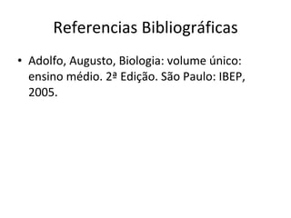 Referencias Bibliográficas Adolfo, Augusto, Biologia: volume único: ensino médio. 2ª Edição. São Paulo: IBEP, 2005. 