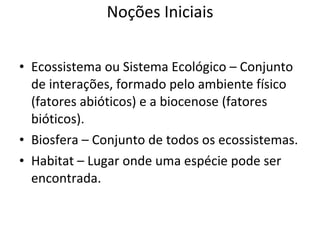Ecossistema ou Sistema Ecológico – Conjunto de interações, formado pelo ambiente físico (fatores abióticos) e a biocenose (fatores bióticos). Biosfera – Conjunto de todos os ecossistemas. Habitat – Lugar onde uma espécie pode ser encontrada. Noções Iniciais 