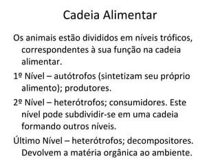 Cadeia Alimentar Os animais estão divididos em níveis tróficos, correspondentes à sua função na cadeia alimentar. 1º Nível – autótrofos (sintetizam seu próprio alimento); produtores. 2º Nível – heterótrofos; consumidores. Este nível pode subdividir-se em uma cadeia formando outros níveis. Último Nível – heterótrofos; decompositores. Devolvem a matéria orgânica ao ambiente. 