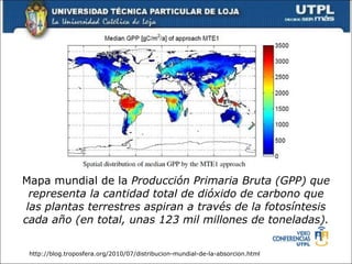Mapa mundial de la  Producción Primaria Bruta (GPP) que representa la cantidad total de dióxido de carbono que las plantas terrestres aspiran a través de la fotosíntesis cada año (en total, unas 123 mil millones de toneladas). http://blog.troposfera.org/2010/07/distribucion-mundial-de-la-absorcion.html 