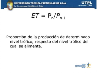 ET  = P n / P n-1 Proporción de la producción de determinado nivel trófico, respecto del nivel trófico del cual se alimenta. 