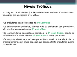 •O conjunto de indivíduos que se alimenta dos mesmos nutrientes estão
colocados em um mesmo nível trófico.
•Os produtores estão colocados no 1º nível trófico
•Os consumidores primários, aqueles que se alimentam dos produtores,
são herbívoros e constituem o 2º nível trófico
•Os consumidores secundários compõem o 3º nível trófico, sendo os
carnívoros Após esses existe o 4º nível trófico e assim por diante
•Os decompositores ocupam sempre o último nível da transferência de
energia formando um grupo especial que degrada tanto produtores quanto
consumidores
Níveis Tróficos
 
