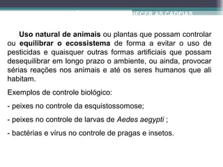 QUAL A IMPORTÂNCIA DE SE CONHECER AS CADEIAS
ALIMENTARES?
Uso natural de animais ou plantas que possam controlar
ou equilibrar o ecossistema de forma a evitar o uso de
pesticidas e quaisquer outras formas artificiais que possam
desequilibrar em longo prazo o ambiente, ou ainda, provocar
sérias reações nos animais e até os seres humanos que ali
habitam.
Exemplos de controle biológico:
- peixes no controle da esquistossomose;
- peixes no controle de larvas de Aedes aegypti ;
- bactérias e vírus no controle de pragas e insetos.
 
