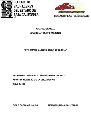 PLANTEL MEXICALI

              ECOLOGIA Y MEDIO AMBIENTE




         “PRINCIPIOS BASICOS DE LA ECOLOGIA”




PROFESOR: LARRINAGA CUNNINGHAN HUMBERTO

ALUMNO: MONTEJO DE LA CRUZ OSCAR

GRUPO: 603




CICLO ESCOLAR: 2013-1        MEXICALI, BAJA CALIFORNIA
 