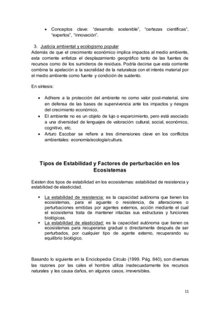 11
 Conceptos clave: “desarrollo sostenible”, “certezas científicas”,
“expertos”, “innovación”.
3. Justicia ambiental y ecologismo popular
Además de que el crecimiento económico implica impactos al medio ambiente,
esta corriente enfatiza el desplazamiento geográfico tanto de las fuentes de
recursos como de los sumideros de residuos. Podría decirse que esta corriente
combina la apelación a la sacralidad de la naturaleza con el interés material por
el medio ambiente como fuente y condición de sustento.
En síntesis:
 Adhiere a la protección del ambiente no como valor post-material, sino
en defensa de las bases de supervivencia ante los impactos y riesgos
del crecimiento económico.
 El ambiente no es un objeto de lujo o esparcimiento, pero está asociado
a una diversidad de lenguajes de valoración: cultural, social, económico,
cognitivo, etc.
 Arturo Escobar se refiere a tres dimensiones clave en los conflictos
ambientales: economía/ecología/cultura.
Tipos de Estabilidad y Factores de perturbación en los
Ecosistemas
Existen dos tipos de estabilidad en los ecosistemas: estabilidad de resistencia y
estabilidad de elasticidad.
 La estabilidad de resistencia: es la capacidad autónoma que tienen los
ecosistemas, para el aguante o resistencia, de alteraciones o
perturbaciones emitidas por agentes externos, acción mediante el cual
el ecosistema trata de mantener intactas sus estructuras y funciones
biológicas.
 La estabilidad de elasticidad: es la capacidad autónoma que tienen os
ecosistemas para recuperarse gradual o directamente después de ser
perturbados, por cualquier tipo de agente externo, recuperando su
equilibrio biológico.
Basando lo siguiente en la Enciclopedia Círculo (1999. Pág. 840), son diversas
las razones por las cales el hombre utiliza inadecuadamente los recursos
naturales y les causa daños, en algunos casos, irreversibles.
 