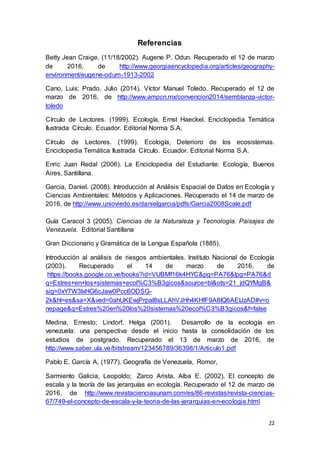 22
Referencias
Betty Jean Craige. (11/18/2002). Augene P. Odun. Recuperado el 12 de marzo
de 2016, de http://www.georgiaencyclopedia.org/articles/geography-
environment/eugene-odum-1913-2002
Cano, Luis; Prado, Julio (2014). Víctor Manuel Toledo. Recuperado el 12 de
marzo de 2016, de http://www.ampcn.mx/convencion2014/semblanza-victor-
toledo
Círculo de Lectores. (1999). Ecología, Ernst Haeckel. Enciclopedia Temática
Ilustrada Círculo. Ecuador. Editorial Norma S.A.
Círculo de Lectores. (1999). Ecología, Deterioro de los ecosistemas.
Enciclopedia Temática Ilustrada Círculo. Ecuador. Editorial Norma S.A.
Enric Juan Redal (2006). La Enciclopedia del Estudiante: Ecología, Buenos
Aires, Santillana.
Garcia, Daniel. (2008). Introducción al Análisis Espacial de Datos en Ecología y
Ciencias Ambientales: Métodos y Aplicaciones. Recuperado el 14 de marzo de
2016, de http://www.unioviedo.es/danielgarcia/pdfs/Garcia2008Scale.pdf
Guía Caracol 3 (2005). Ciencias de la Naturaleza y Tecnología. Paisajes de
Venezuela. Editorial Santillana
Gran Diccionario y Gramática de la Lengua Española (1885).
Introducción al análisis de riesgos ambientales. Instituto Nacional de Ecología
(2003). Recuperado el 14 de marzo de 2016, de
https://books.google.co.ve/books?id=VUBMf16k4HYC&pg=PA76&lpg=PA76&d
q=Estres+en+los+sistemas+ecol%C3%B3gicos&source=bl&ots=21_jdQYMgB&
sig=0xY7W3lxHG6cJaw0Pcc6ODSG-
2k&hl=es&sa=X&ved=0ahUKEwjPrpal8sLLAhVJHh4KHfF9A8IQ6AEIJzAD#v=o
nepage&q=Estres%20en%20los%20sistemas%20ecol%C3%B3gicos&f=false
Medina, Ernesto; Lindorf, Helga (2001). Desarrollo de la ecología en
venezuela: una perspectiva desde el inicio hasta la consolidación de los
estudios de postgrado. Recuperado el 13 de marzo de 2016, de
http://www.saber.ula.ve/bitstream/123456789/36398/1/Articulo1.pdf
Pablo E. García A, (1977). Geografía de Venezuela, Romor,
Sarmiento Galicia, Leopoldo; Zarco Arista, Alba E. (2002). El concepto de
escala y la teoría de las jerarquías en ecología. Recuperado el 12 de marzo de
2016, de http://www.revistacienciasunam.com/es/86-revistas/revista-ciencias-
67/749-el-concepto-de-escala-y-la-teoria-de-las-jerarquias-en-ecologia.html
 