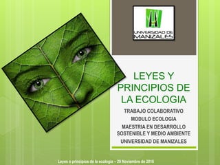 LEYES Y
PRINCIPIOS DE
LA ECOLOGIA
TRABAJO COLABORATIVO
MODULO ECOLOGIA
MAESTRIA EN DESARROLLO
SOSTENIBLE Y MEDIO AMBIENTE
UNIVERSIDAD DE MANIZALES
Leyes o principios de la ecología – 29 Noviembre de 2016
 
