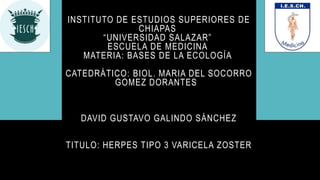 INSTITUTO DE ESTUDIOS SUPERIORES DE
CHIAPAS
“UNIVERSIDAD SALAZAR”
ESCUELA DE MEDICINA
MATERIA: BASES DE LA ECOLOGÍA
CATEDRÁTICO: BIOL. MARIA DEL SOCORRO
GOMEZ DORANTES
DAVID GUSTAVO GALINDO SÁNCHEZ
TITULO: HERPES TIPO 3 VARICELA ZOSTER
 