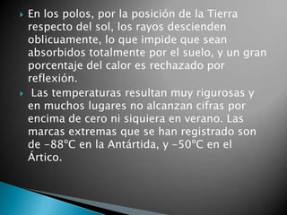 En los polos, por la posición de la Tierra respecto del sol, los rayos descienden oblicuamente, lo que impide que sean absorbidos totalmente por el suelo, y un gran porcentaje del calor es rechazado por reflexión. Las temperaturas resultan muy rigurosas y en muchos lugares no alcanzan cifras por encima de cero ni siquiera en verano. Las marcas extremas que se han registrado son de -88ºC en la Antártida, y -50ºC en el Ártico. 