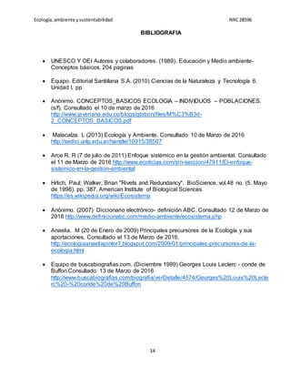 Ecología,ambiente ysustentabilidad NRC28596
14
BIBLIOGRAFIA
 UNESCO Y OEI Autores y colaboradores. (1989). Educación y Medio ambiente-
Conceptos básicos. 204 paginas
 Equipo. Editorial Santillana S.A. (2010) Ciencias de la Naturaleza y Tecnología 6.
Unidad I. pp
 Anónimo. CONCEPTOS_BASICOS ECOLOGIA – INDIVIDUOS – POBLACIONES.
(s/f). Consultado el 10 de marzo de 2016
http://www.javeriana.edu.co/blogs/gtobon/files/M%C3%B3d-
2_CONCEPTOS_BASICOS.pdf
 Malacalza. L (2013) Ecología y Ambiente. Consultado 10 de Marzo de 2016
http://sedici.unlp.edu.ar/handle/10915/38507
 Arce R. R (7 de julio de 2011) Enfoque sistémico en la gestión ambiental. Consultado
el 11 de Marzo de 2016 http://www.ecoticias.com/sin-seccion/47911/El-enfoque-
sistemico-en-la-gestion-ambiental
 Hrlich, Paul; Walker, Brian "Rivets and Redundancy". BioScience, vol.48 no. (5. Mayo
de 1998). pp. 387. American Institute of Biological Sciences
https://es.wikipedia.org/wiki/Ecosistema
 Anónimo. (2007) Diccionario electrónico- definición ABC. Consultado 12 de Marzo de
2016 http://www.definicionabc.com/medio-ambiente/ecosistema.php
 Anaelia. M (20 de Enero de 2009) Principales precursores de la Ecología y sus
aportaciones. Consultado el 13 de Marzo de 2016.
http://ecologiaanaeliapintor7.blogspot.com/2009/01/principales-precursores-de-la-
ecologia.html
 Equipo de buscabiografias.com. (Diciembre 1999) Georges Louis Leclerc - conde de
Buffon.Consultado 13 de Marzo de 2016
http://www.buscabiografias.com/biografia/verDetalle/4574/Georges%20Louis%20Lecle
rc%20-%20conde%20de%20Buffon
 