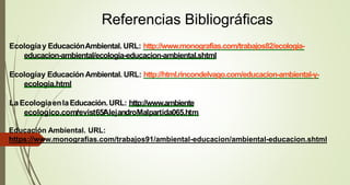 Ecologíay EducaciónAmbiental. URL: http://www.monografias.com/trabajos82/ecologia-
educacion-ambiental/ecologia-educacion-ambiental.shtml
Ecologíay Educación Ambiental. URL: http://html.rincondelvago.com/educacion-ambiental-y-
ecologia.html
LaEcologíaenlaEducación.URL: http://www.ambiente
ecologico.com/revist65/AlejandroMalpartida065.htm
Educación Ambiental. URL:
https://www.monografias.com/trabajos91/ambiental-educacion/ambiental-educacion.shtml
Referencias Bibliográficas
 