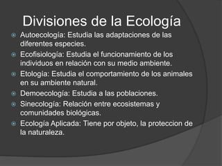 Divisiones de la Ecología
 Autoecología: Estudia las adaptaciones de las
  diferentes especies.
 Ecofisiología: Estudia el funcionamiento de los
  individuos en relación con su medio ambiente.
 Etología: Estudia el comportamiento de los animales
  en su ambiente natural.
 Demoecología: Estudia a las poblaciones.
 Sinecología: Relación entre ecosistemas y
  comunidades biológicas.
 Ecología Aplicada: Tiene por objeto, la proteccion de
  la naturaleza.
 