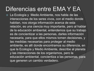 Diferencias entre EMA Y EA
   La Ecología y Medio Ambiente, nos habla de las
    interacciones de los seres vivos, con el medio donde
    habitan, nos otorga información acerca de esta
    relación, es una ciencia muy importante, pero al hablar
    de la educación ambiental, entendemos que su trabajo
    es de concientizar a las personas, darles información
    necesaria, para que ellos mismos tomen decisiones, y
    las medidas necesarias para proteger al medio
    ambiente, es allí donde encontramos su diferencia, en
    que la Ecología y Medio Ambiente, describe al planeta
    y las interacciones de los organismos, pero la
    educación ambiental, concientiza a las personas, para
    que generen un cambio verdadero.
 
