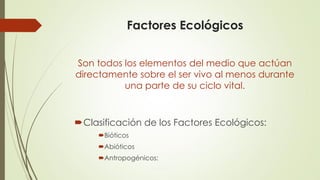 Factores Ecológicos
Son todos los elementos del medio que actúan
directamente sobre el ser vivo al menos durante
una parte de su ciclo vital.
Clasificación de los Factores Ecológicos:
Bióticos
Abióticos
Antropogénicos:
 
