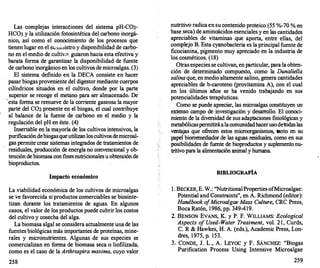 Las complejas interac6ones del sistema pH-C02-
HC03 y la utilización fotosintética del carbono inorgá­
nico, así como el conocimiento de los procesos que
tienen lugar en el s�:ui11istro y disponibilidad de carbo­
no en el medio de cultivn: guiaron hacia esta efectiva y
barata forma de garantizar la disponibilidad de fuente
de carbono inorgánico en los cultivos de microalgas. (3)
El sistema definido en la DECA consiste en hacer
pasar biogas proveniente del digestor mediante cuerpos
cilíndricos situados en el cultivo, donde por la parte
superior se recoge el metano para ser almacenado. De
· esta forma se remueve de la corriente gaseosa la mayor
parte del C02 presente en el biogas, el cual contribuye
al balance de la fuente de carbonó en el medio y la
regulación del pH en éste. (4)
Insertable en la mayoría de los cultivos intensivos, la
purificación debiogasque utilizan los cultivos demicroal­
gas permite crear sistemas integrados de tratamientos de
residuales, producción de energía no convencional y ob­
tención de biomasa con fines nutricionales u obtención de
bioproductos.
Impacto económico
La viabilidad económica de los cultivos de microalgas
se ve favorecida si productos comerciables se biosinte­
tizan durante los tratamientos de aguas. En algunos
casos, el valor de los productos puede cubrir los costos
del cultivo y cosecha del alga.
La biomasa algal se considera actualmente una de las
fuentes biológicas más importantes de proteínas, mine­
rales y micronutrientes. Algunas de sus especies se
comercializan en f
orma de biomasa seca o liofilizada,
como es el caso de la Arthrospira maxima, cuyo valor
258
nutritivo radica en su contenido proteico (55 %-70 % en
base seca) de aminoácidos esenciales y en las cantidades
aprecia?les de vitaminas que aporta, entre ellas, del
com�leJ? B. �sta cyanobacteria es la principal fuente de
ficoctanma, ptgmento muy apreciado en la industria de
los cosméticos. (18)
Otras especies se cultivan, en particular, para la obten­
ción de determinado compuesto, como la Dunaliella
salina que, en medio altamente salino, genera cantidades
apreciables de b-caroteno (provitamina A), con el cual
en los últimos años se ha venido trabajando en sus
potencialidades terapéuticas.
Como se puede apreciar, las microalgas constituyen un
extenso campo de investigación y desarro
llo. El conoci­
mien� �e la div��dad de sus adaptaciones fisiológicas y
metabóhcaspermitiráa lacomunidadhacerusodetodaslas
ventajas que ofrecen estos microo
rganismos, tanto en su
papel biorrem
ediador de las aguas residuales, como en sus
posibilidades de fuente de bioproductos y suplemento nu­
tritivo para la alimentación animal y humana.
BIBLIOGRAFÍA
l . BECKER, E. W.: "Nutritional Properties ofMicroalgae:
Potential and Constraints", en A. Richmond (editor):
Handbook o
fMicroalgae M
ass Culture, CRC Press
Boca Ratón, 1986, pp. 349-419.
'
2. BENSON EVANS, K. y P. F. WILLIAMS: Ecological
Aspects o
f U
sed-Water Treatment, vol. 21, Curds,
C. R & Hawkes, H. A. (eds.), Academic Press, Lon­
dres, 1975, p. 153.
3. CONDE, J. L., A. LEYOC y F. SÁNCHEZ: "Biogas
Purification Process Using lntensive Microalgae
259
 