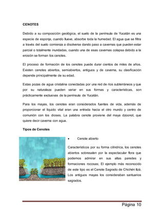 Página 10
CENOTES
Debido a su composición geológica, el suelo de la península de Yucatán es una
especie de esponja, cuando llueve, absorbe toda la humedad. El agua que se filtra
a través del suelo comienza a disolverse dando paso a cavernas que pueden estar
parcial o totalmente inundadas, cuando una de esas cavernas colapsa debido a la
erosión se forman los cenotes.
El proceso de formación de los cenotes puede durar cientos de miles de años.
Existen cenotes abiertos, semiabiertos, antiguos y de caverna, su clasificación
depende principalmente de su edad.
Estas pozas de agua cristalina conectadas por una red de ríos subterráneos y que
por su naturaleza pueden variar en sus formas y características, son
prácticamente exclusivas de la península de Yucatán.
Para los mayas, los cenotes eran considerados fuentes de vida, además de
proporcionar el líquido vital eran una entrada hacia el otro mundo y centro de
comunión con los dioses. La palabra cenote proviene del maya dzoonot, que
quiere decir caverna con agua.
Tipos de Cenotes
 Cenote abierto
Característicos por su forma cilíndrica, los cenotes
abiertos sobresalen por la espectacular flora que
podemos admirar en sus altas paredes y
formaciones rocosas; El ejemplo más reconocido
de este tipo es el Cenote Sagrado de Chichén Itzá.
Los antiguos mayas los consideraban santuarios
sagrados.
 