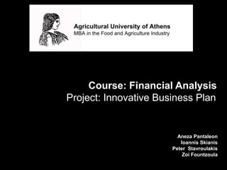 Course: Financial Analysis
Project: Innovative Business Plan

Aneza Pantaleon
Ioannis Skianis
Peter Stavroulakis
Zoi Fountzoula

 