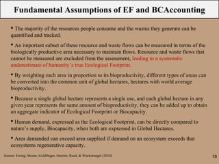 Fundamental Assumptions of EF and BCAccounting

     The majority of the resources people consume and the wastes they generate can be
    quantified and tracked.
     An important subset of these resource and waste flows can be measured in terms of the
    biologically productive area necessary to maintain flows. Resource and waste flows that
    cannot be measured are excluded from the assessment, leading to a systematic
    underestimate of humanity’s true Ecological Footprint.
     By weighting each area in proportion to its bioproductivity, different types of areas can
    be converted into the common unit of global hectares, hectares with world average
    bioproductivity.
     Because a single global hectare represents a single use, and each global hectare in any
    given year represents the same amount of bioproductivity, they can be added up to obtain
    an aggregate indicator of Ecological Footprint or Biocapacity.
     Human demand, expressed as the Ecological Footprint, can be directly compared to
    nature’s supply, Biocapacity, when both are expressed in Global Hectares.
     Area demanded can exceed area supplied if demand on an ecosystem exceeds that
    ecosystems regenerative capacity.
Source: Ewing, Moore, Goldfinger, Oursler, Reed, & Wackernagel (2010)                             19
 