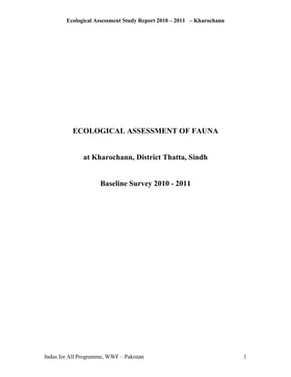 Ecological Assessment Study Report 2010 – 2011 – Kharochann
Indus for All Programme, WWF – Pakistan 1
ECOLOGICAL ASSESSMENT OF FAUNA
at Kharochann, District Thatta, Sindh
Baseline Survey 2010 - 2011
 