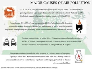 As of Jan 2015, coal-powered thermal power plants account for 60.72% of India’s total
power generation, according to data available from Central Electricity Authority (CEA).
Coal plants happen to be one of the leading sources of SO2 and NO2.
As per Census 2011, 87% of rural households and 26% of urban households depend on
biomass for cooking. Burning of biomass is a leading cause of indoor air pollution and is
responsible for respiratory and pulmonary health issues in approximately 400 million Indians.
The proportion of rural households using kerosene as a primary source of energy for
lighting is almost 30%. Kerosene lanterns used in rural areas are a primary source of
emission of black carbon soot and cause significant health impact, particularly in the case
of women and children.
Growing number of cars in Indian cities - Private & commercial vehicles account for
66.28% of the total consumption of diesel*. Low standards for vehicle emissions &
fuel have resulted in increased levels of Nitrogen Oxides & Sulphur.
MAJOR CAUSES OF AIR POLLUTION
SOURCE: http://www.swaniti.com/wp-content/uploads/2015/04/Air-Pollution-in-India.pdf
 