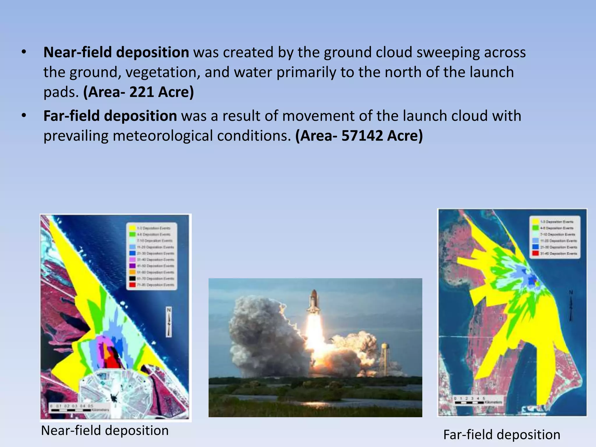 • Near-field deposition was created by the ground cloud sweeping across
the ground, vegetation, and water primarily to the north of the launch
pads. (Area- 221 Acre)
• Far-field deposition was a result of movement of the launch cloud with
prevailing meteorological conditions. (Area- 57142 Acre)
Near-field deposition Far-field deposition
 