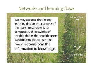 Networks	
  and	
  learning	
  ﬂows	
  
	
  We	
  may	
  assume	
  that	
  in	
  any	
  
learning	
  design	
  the	
  purpose	
  of	
  
the	
  learning	
  services	
  is	
  to	
  
compose	
  such	
  networks	
  of	
  
trophic	
  chains	
  that	
  enable	
  users	
  
par@cipa@ng	
  in	
  the	
  learning	
  
ﬂows	
  that	
  transform	
  the	
  

informa@on	
  

informa@on	
  to	
  knowledge.	
  	
  

knowledge	
  

 