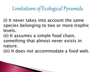 Limitations of Ecological Pyramids
(i) It never takes into account the same
species belonging to two or more trophic
levels.
(ii) It assumes a simple food chain,
something that almost never exists in
nature.
(iii) It does not accommodate a food web.
 