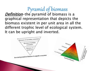 Pyramid of biomass
Definition-the pyramid of biomass is a
graphical representation that depicts the
biomass existent in per unit area in all the
different trophic level of ecological system.
It can be upright and inverted.
 