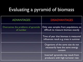 Evaluating a pyramid of biomass
        ADVANTAGES                           DISADVANTAGES

Overcomes the problems of pyramids   Only uses samples from populations, so
           of number                  difﬁcult to measure biomass exactly

                                     Time of year that biomass is measured
                                      inﬂuences result e.g. trees in summer

                                       Organisms of the same size do not
                                       necessarily have the same energy
                                                    content
                                       Inverted’ pyramids may result from
                                        producers with high turnover rate
 