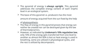 The pyramid of energy is always upright. This pyramid
addresses the complete energy content of each trophic
level in an ecological system.
 The base of this pyramid i.e. producers has the most
amount of energy acquired from the sun fixed by the help
of photosynthesis.
 The flow of energy in this pyramid proves that energy can
neither be created nor can be destroyed given by the law
of thermodynamics.
 However, as indicated by Lindeman’s 10% regulation law,
only 10% of the energy gets transferred from one level to
another as almost the 90% is lost as heat energy is used in
breathing, some are utilized in physiological cycles, and
the rest is utilized by decomposers.
 