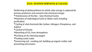 Performing of photosynthesis (in which solar energy is captured by
primary producers and converts into chemical energy)
 Maintenance of the Bio – Geo Chemical Cycles
Maintains of Hydrological Cycle or Water cycle including
purification
 Cycling of vital chemicals like Carbon, Nitrogen, Phosphorus, and
Sulphur
 Control of Climate
Absorbing of CO2 from atmosphere.
Purifying air by releasing oxygen
Treating waste water
Conserving soil , creating soil ,building up organic matter and
preventing soil erosion.
ECO –SYSTEM SERVICES & VALUES
 