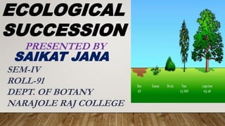 ECOLOGICAL
SUCCESSION
PRESENTED BY
SAIKAT JANA
SEM-IV
ROLL-91
DEPT. OF BOTANY
NARAJOLE RAJ COLLEGE
 