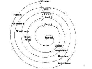 20
Climax
Seral n
Seral 3
Seral 2
Seral 1
Pioneer
Forests
Shrubland
GrassLands
Small
Herbs
Ecesis
Competition
Reaction
Stabilization
 