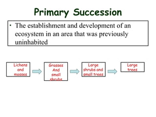 Primary Succession
• The establishment and development of an
ecosystem in an area that was previously
uninhabited
Lichens
and
mosses
Grasses
And
small
shrubs
Large
shrubs and
small trees
Large
trees
 