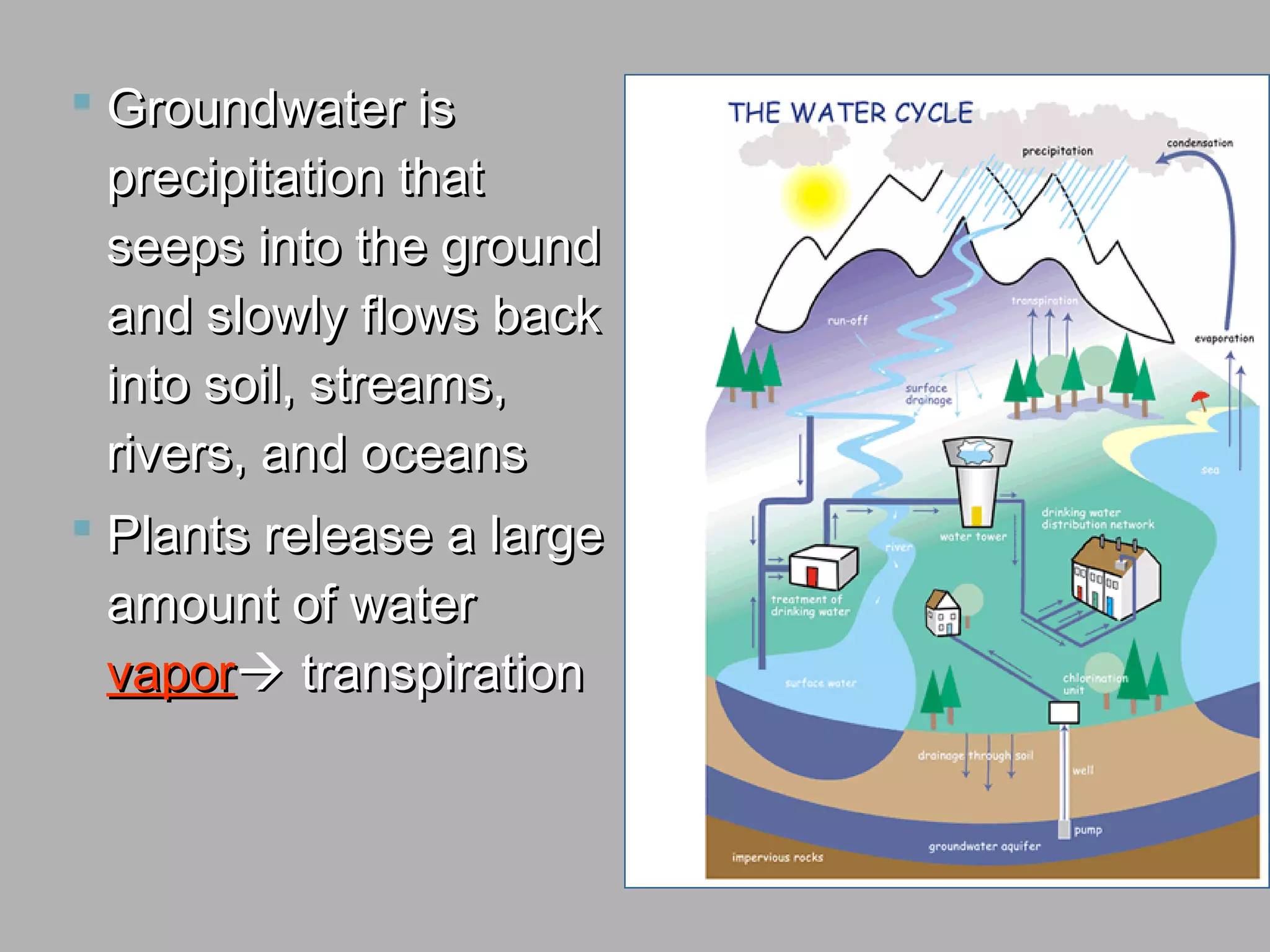  Groundwater isGroundwater is
precipitation thatprecipitation that
seeps into the groundseeps into the ground
and slowly flows backand slowly flows back
into soil, streams,into soil, streams,
rivers, and oceansrivers, and oceans
 Plants release a largePlants release a large
amount of wateramount of water
vaporvapor transpirationtranspiration
 
