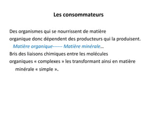Les consommateurs
Des organismes qui se nourrissent de matière
organique donc dépendent des producteurs qui la produisent.
Matière organique------ Matière minérale…
Bris des liaisons chimiques entre les molécules
organiques « complexes » les transformant ainsi en matière
minérale « simple ».
 