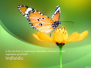 Individu
in·di·vi·du (het; o; meervoud: individuen, individu's) 1ieder
organisme op zichzelf
 