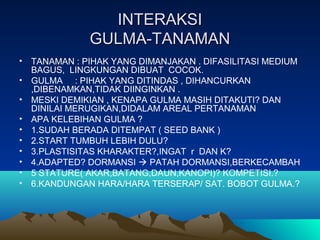 INTERAKSIINTERAKSI
GULMA-TANAMANGULMA-TANAMAN
• TANAMAN : PIHAK YANG DIMANJAKAN . DIFASILITASI MEDIUM
BAGUS, LINGKUNGAN DIBUAT COCOK.
• GULMA : PIHAK YANG DITINDAS , DIHANCURKAN
,DIBENAMKAN,TIDAK DIINGINKAN .
• MESKI DEMIKIAN , KENAPA GULMA MASIH DITAKUTI? DAN
DINILAI MERUGIKAN,DIDALAM AREAL PERTANAMAN
• APA KELEBIHAN GULMA ?
• 1.SUDAH BERADA DITEMPAT ( SEED BANK )
• 2.START TUMBUH LEBIH DULU?
• 3.PLASTISITAS KHARAKTER?,INGAT r DAN K?
• 4.ADAPTED? DORMANSI  PATAH DORMANSI,BERKECAMBAH
• 5 STATURE( AKAR,BATANG,DAUN,KANOPI)? KOMPETISI.?
• 6.KANDUNGAN HARA/HARA TERSERAP/ SAT. BOBOT GULMA.?
 