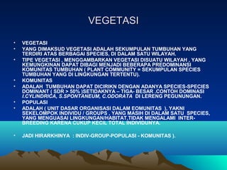 VEGETASIVEGETASI
• VEGETASI
• YANG DIMAKSUD VEGETASI ADALAH SEKUMPULAN TUMBUHAN YANG
TERDIRI ATAS BERBAGAI SPECIES, DI DALAM SATU WILAYAH.
• TIPE VEGETASI , MENGGAMBARKAN VEGETASI DISUATU WILAYAH , YANG
KEMUNGKINAN DAPAT DIBAGI MENJADI BEBERAPA PREDOMINANSI
KOMUNITAS TUMBUHAN ( PLANT COMMUNITY = SEKUMPULAN SPECIES
TUMBUHAN YANG DI LINGKUNGAN TERTENTU).
• KOMUNITAS
• ADALAH TUMBUHAN DAPAT DICIRIKN DENGAN ADANYA SPECIES-SPECIES
DOMINANT ( SDR > 50% )SETIDAKNYA – TIGA- BESAR .CONTOH DOMINASI
I.CYLINDRICA, S.SPONTANEUM, C.ODORATA DI LERENG PEGUNUNGAN.
• POPULASI
• ADALAH ( UNIT DASAR ORGANISASI DALAM EOMUNITAS ), YAKNI
SEKELOMPOK INDIVIDU / GROUPS , YANG MASIH DI DALAM SATU SPECIES,
YANG MENGUASAI LINGKUNGAN/HABITAT,TIDAK MENGALAMI INTER-
BREEDING KARENA CUKUP KECIL TOTAL INDIVIDUNYA.
• JADI HIRARKHINYA : INDIV-GROUP-POPULASI - KOMUNITAS ).
 