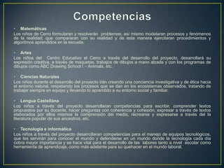 • Matemáticas
Los niños de Cerro formularan y resolverán problemas; así mismo modelaran procesos y fenómenos
de la realidad; que compararan con su realidad y de esta manera ejercitaran procedimientos y
algoritmos aprendidos en la escuela.
• Artes
Los niños del Centro Educativo el Cerro a través del desarrollo del proyecto, desarrollará su
expresión creativa, a través de maquetas, trabajos de dibujos a mano alzada y con los programas de
dibujos como ABC Drawing School I – Animals, etc.
• Ciencias Naturales
Los niños durante el desarrollo del proyecto irán creando una conciencia investigativa y de ética hacia
el entorno natural, respetando los procesos que se dan en los ecosistemas observados, tratando de
trabajar siempre en equipo y llevando lo aprendido a su entorno social y familiar.
• Lengua Castellana
Los niños a través del proyecto desarrollaran competencias para escribir, comprender textos
propuestos por su docente, hacer preguntas con coherencia y cohesión, expresar a través de textos
elaborados por ellos mismos la comprensión del medio, recrearse y expresarse a través del la
literatura popular de sus ancestros, etc.
• Tecnología e informática
Los niños a través del proyecto desarrollaran competencias para el manejo de equipos tecnológicos,
que les servirán para conocer el mundo y defenderse en un mundo donde la tecnología cada día
cobra mayor importancia y se hace vital para el desarrollo de las labores tanto a nivel escolar como
herramienta de aprendizaje, como más adelante para su quehacer en el mundo laboral.
 