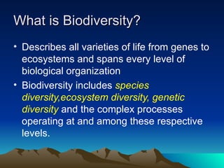 What is Biodiversity?  Describes all varieties of life from genes to ecosystems and spans every level of biological organization Biodiversity includes  species diversity,ecosystem diversity, genetic diversity  and the complex processes operating at and among these respective levels.  