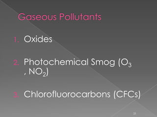Outdoor PollutantsAir pollutants are classified as either gases or particulates. Tiny solids suspended in the atmosphere are called PARTICULATES21