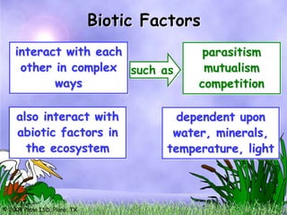 Biotic Factors
    interact with each                       parasitism
     other in complex such as                mutualism
           ways                             competition

    also interact with                   dependent upon
    abiotic factors in                  water, minerals,
      the ecosystem                    temperature, light



© 2004 Plano ISD, Plano, TX
 